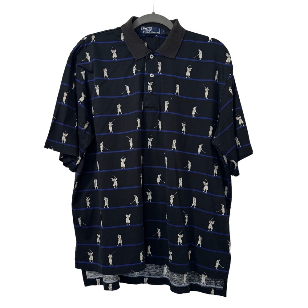 VTG Polo Ralph Lauren Polo Shirt Mens L Black Short Sleeve Golf AOP Preppy